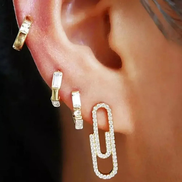 NEW! 18K Yellow Gold Plated & Sterling Silver Cubic Zirconia Paperclip Earrings - Picture 2 of 7